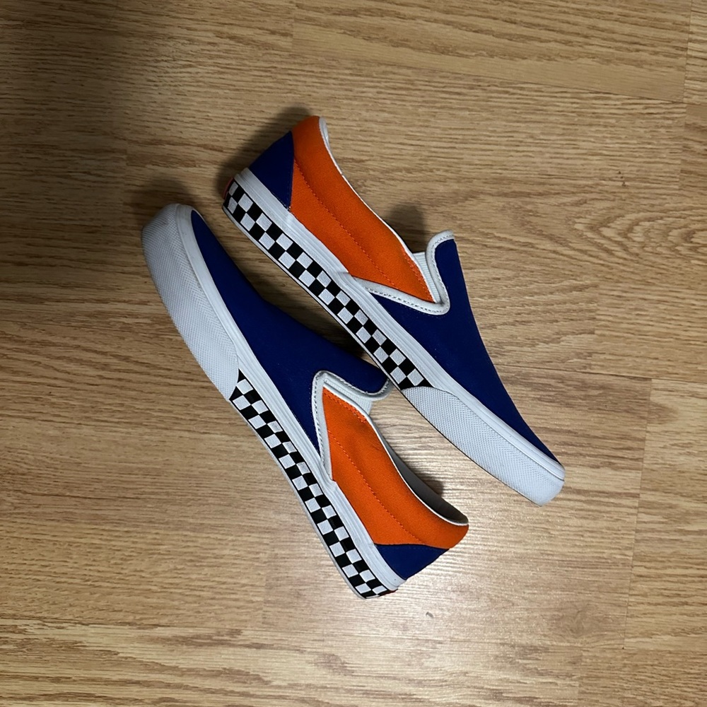 Vans Slip-On Sneakers in Blue and Orange with Checkerboard Trim